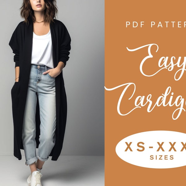 Patron de couture facile pour cardigan | TP-XXXL | Téléchargement instantané PDF | Pull femme à épaules dénudées et poches en tricot