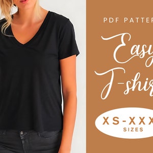 V Neck T Shirt Women&#39;s Sewing Pattern | XS-XXXL | Instant Download | Easy Digital PDF | V Neckline Short Sleeve Top Blouse