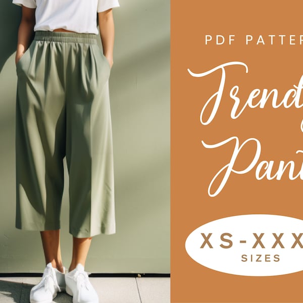 Patrón de costura de pantalón culotte / XS-XXXL / Descarga instantánea / PDF digital fácil / Pantalón elástico de mujer estilo lino suelto bolsillos pierna ancha