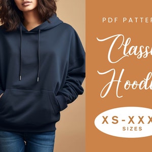 May include: A PDF pattern for a classic hoodie in navy blue. The pattern includes sizes XS-XXXXL.  PDF PATTERN Classic Hoodie XS-XXXXL SIZES