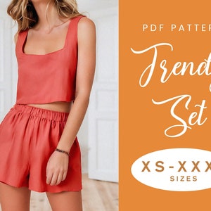 Top Shorts Schnittmuster XS-XXXL Sofort Download Einfaches Digitales PDF Damen Elastische Shorts und Square Neck Crop Top Set Bild 1