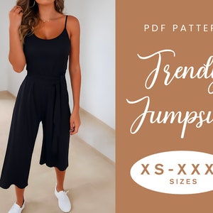 Könnte beinhalten: PDF-Schnittmuster für einen trendigen Jumpsuit. Das Schnittmuster umfasst die Größen XS-XXXL. Das Bild zeigt einen schwarzen Jumpsuit mit einem Bindegürtel.