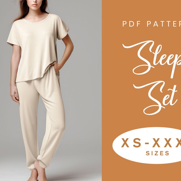 Patron de couture pour ensemble de vêtements de nuit | TP-XXXL | Téléchargement instantané | PDF numérique facile | Ensemble t-shirt et pantalon de survêtement pour femme | Vêtements de détente