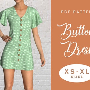 Button Front Dress Sewing Pattern | Short Flutter Sleeves | XS-XL | Instant Download | Digital PDF | Smock Dress