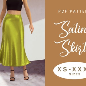 Satin Skirt Sewing Pattern | XS-XXXL | Instant Download | Easy Digital PDF | Women&#39;s Midi Elastic Waist Bias Cut Skirt