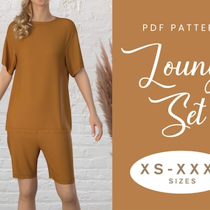 May include: PDF pattern for a lounge set in brown. The pattern includes sizes XS-XXXL. The text "Lounge Set" is written in a decorative font.