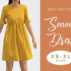 Gathered Smock Dress Sewing Pattern | Short Sleeve | XS-XL | Instant Download | Easy Digital PDF