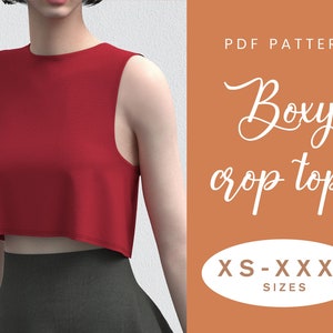 May include: PDF pattern for a boxy crop top. The pattern is available in sizes XS-XXXL. The image shows a red crop top on a model.