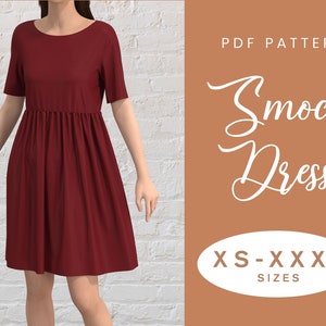 Gathered Smock Dress Sewing Pattern | Short Sleeve Blouse | XS-XXXL | Instant Download | Easy Digital PDF