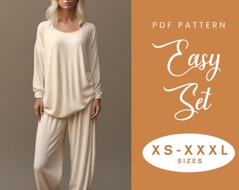 Top + Pants Set Sewing Pattern | XS-XXXL | Instant Download | Easy Digital PDF | Women's Sleeved Top | Trouser Wide Leg Set | Nightwear