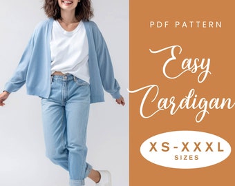 Easy Cardigan Sewing Pattern | XS-XXXL | PDF Instant Download | Women's Drop Shoulder Jumper Sweater Knit Cropped