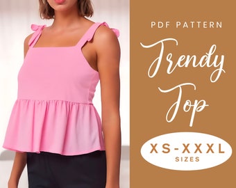 Smock Top Sewing Pattern | XS-XXXL | Instant Download | Easy Digital PDF | Shoulder Tie Straps | Gathered Peplum