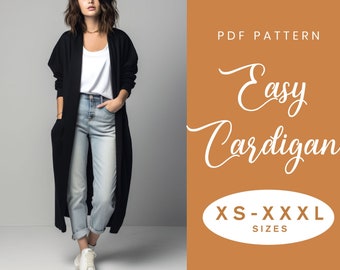 Easy Cardigan Sewing Pattern | XS-XXXL | PDF Instant Download | Women's Drop Shoulder Jumper Sweater Pockets Knit