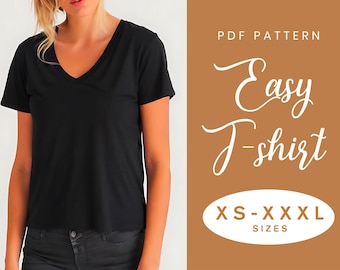 V Neck T Shirt Women's Sewing Pattern | XS-XXXL | Instant Download | Easy Digital PDF | V Neckline Short Sleeve Top Blouse