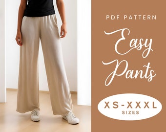 Patron de couture pantalon large | XS-XXXL | Téléchargement instantané | PDF numérique facile | Pantalon élastique pour femme Poches style lin amples