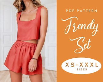 Patron de couture haut + short | TP-XXXL | Téléchargement instantané | PDF numérique facile | Ensemble short élastique et haut court à col carré pour femme