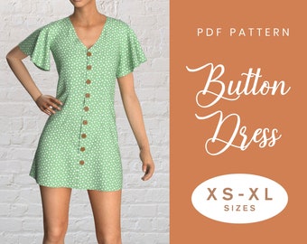 Button Front Dress Sewing Pattern | Short Flutter Sleeves | XS-XL | Instant Download | Digital PDF | Smock Dress