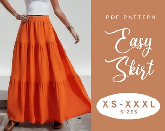 Modèle de couture jupe maxi | XS-XXXL | Téléchargement instantané | PDF numérique facile | Niveaux longs rassemblés pour femmes | Jupe taille élastique