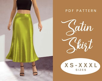 Satin Skirt Sewing Pattern | XS-XXXL | Instant Download | Easy Digital PDF | Women's Midi Elastic Waist Bias Cut Skirt