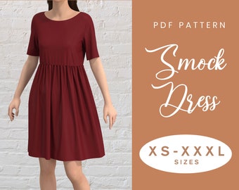 Gathered Smock Dress Sewing Pattern | Short Sleeve Blouse | XS-XXXL | Instant Download | Easy Digital PDF