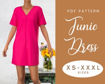 Tunic Dress Sewing Pattern | XS-XXXL | Loose V neck Sleeved Dress | Easy Digital PDF