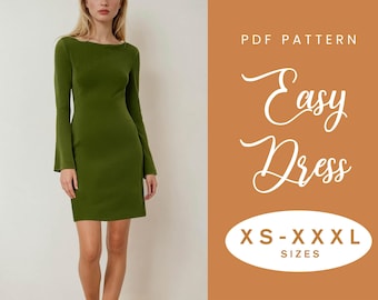 Patrón de costura para vestido con mangas acampanadas / XS-XXXL / Descarga instantánea / PDF digital fácil / Vestido ajustado con mangas elásticas y elegante