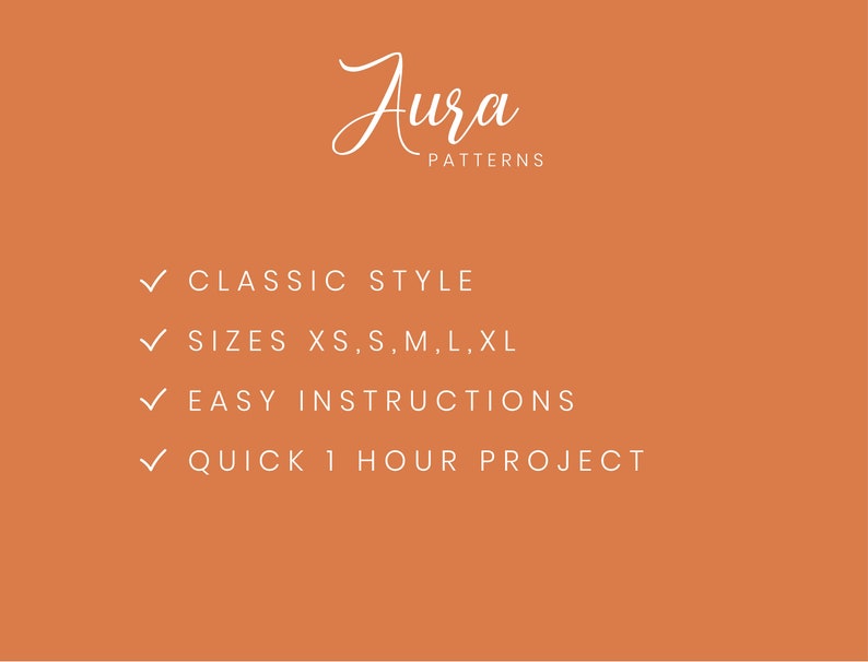 May include: A graphic with the text "Jura Patterns" in white script font on a light orange background. The text "CLASSIC STYLE", "SIZES XS, S, M, L, XL", "EASY INSTRUCTIONS", and "QUICK 1 HOUR PROJECT" are listed below in white text with check marks.