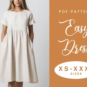 Patron de couture pour robe en lin | TP-XXXL | Téléchargement instantané | PDF facile | Robe d'été froncée à manches courtes | Poches froncées sur la jupe | Robe d'été