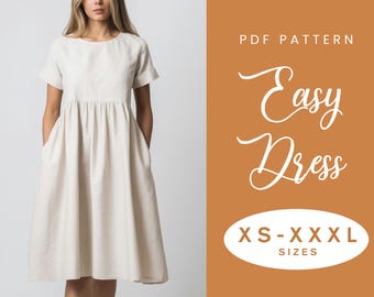 Linen Dress Sewing Pattern | XS-XXXL | Instant Download | Easy PDF | Short Sleeve Gathered Summer Dress | Gathered Skirt Pockets | Sundress