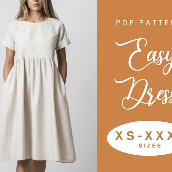 Linen Dress Sewing Pattern | XS-XXXL | Instant Download | Easy PDF | Short Sleeve Gathered Summer Dress | Gathered Skirt Pockets | Sundress