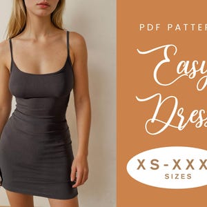 Pode incluir: Padrão PDF para um vestido fácil. O padrão inclui os tamanhos XS-XXXXL. A imagem mostra uma mulher vestindo um vestido sem mangas de cor cinza escuro.