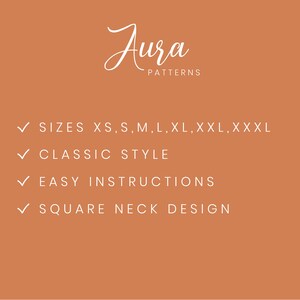 May include: A graphic with the text "Aura Patterns" and a list of features: "Sizes XS, S, M, L, XL, XXL, XXXL", "Classic Style", "Easy Instructions", and "Square Neck Design".