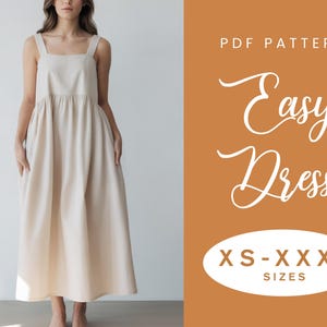 Könnte beinhalten: Ein beiges Kleid mit quadratischem Ausschnitt, breiten Trägern und geraffter Taille. Das Kleid ist bodenlang und hat Taschen. Auf der rechten Seite steht "PDF Pattern Easy Dress" und "XS-XXXL SIZES".