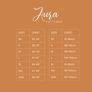 May include: Aura Patterns size chart on a brown background. The chart includes sizes XS to XXXL, with chest measurements in inches ranging from 32" to 52". The Aura Patterns logo is at the top.