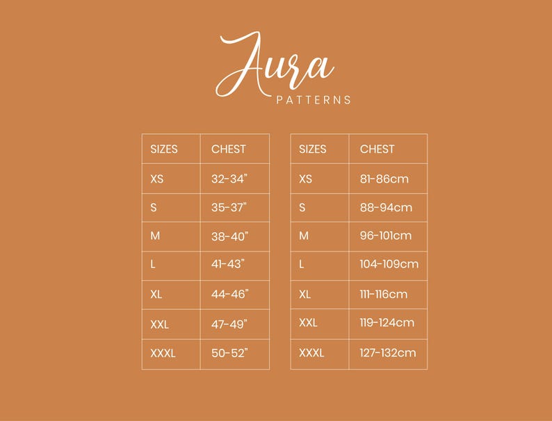 May include: Aura Patterns size chart on a brown background. The chart includes sizes XS to XXXL, with chest measurements in inches ranging from 32" to 52". The Aura Patterns logo is at the top.