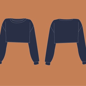 May include: A navy blue cropped sweatshirt with long sleeves. The sweatshirt has a round neckline and a ribbed hem.