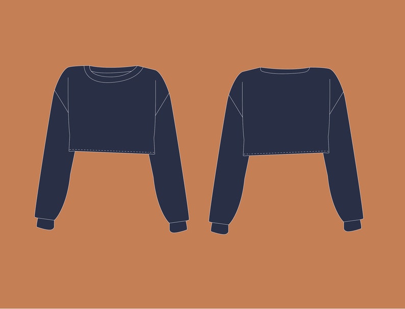 May include: A navy blue cropped sweatshirt with long sleeves. The sweatshirt has a round neckline and a ribbed hem.