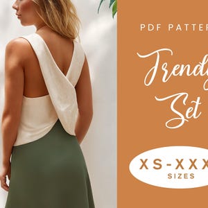Peut inclure: Patron PDF pour un ensemble tendance composé d'un haut et d'une jupe. Le haut présente un dos croisé et la jupe est de couleur vert unie. Le patron est disponible dans les tailles XS-XXXXL.
