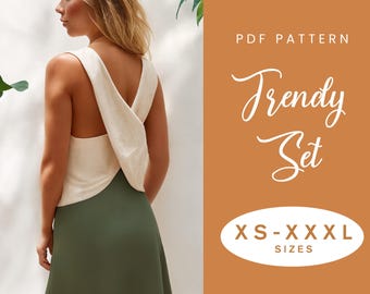 Top + Skirt Sewing Pattern | XS-XXXL | Instant Download | Easy Digital PDF | Women's Elastic Skirt and Cross Back Open Back Top Set