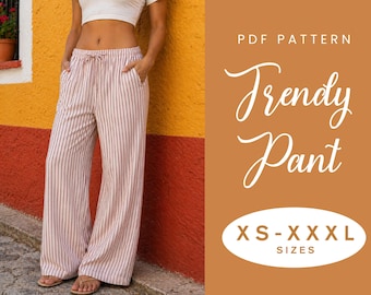 Elastic Mid Rise Pant Sewing Pattern | XS-XXXL | Instant Download | Easy Digital PDF | Women's Trouser Loose Linen Pockets Wide Leg
