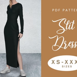 Side Slit Dress Sewing Pattern | XS-XXXL | Cosy Knit Sleeved Stretch Dress | Easy Digital PDF