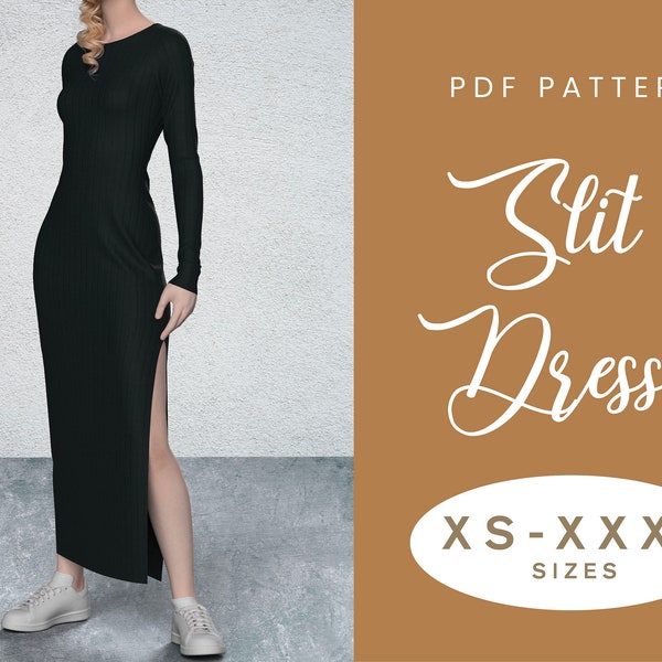 Modèle de couture de robe fendue latérale | XS-XXXL | Robe extensible à manches en tricot confortable | PDF numérique facile