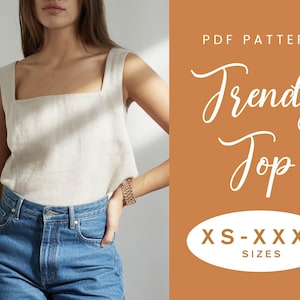 May include: A cream-colored, square-neck top. The top is paired with blue jeans. The image includes text that reads "PDF Pattern Trendy Top" and "XS-XXXL SIZES".
