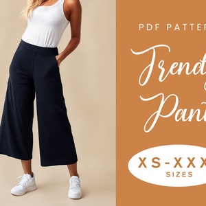 以下が含まれることがあります： XS-XXXXLサイズのトレンドパンツのPDFパターン。パターンは、ハイウエストのワイドレッグクロップドパンツ用です。