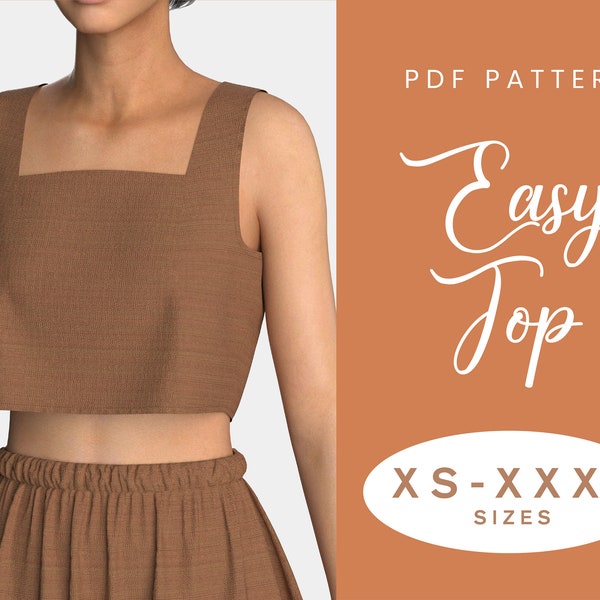 Crop Top Sewing Pattern | XS-XXXL | Instant Download | Easy Digital PDF | Square Neck Summer Linen Loose Top