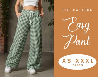 Elastische Hose mit weitem Bein Schnittmuster | XS-XXXL | Sofortdownload | Einfach Digitales PDF | Frauen Baggy Hose lose Leinen Taschen Palazzo