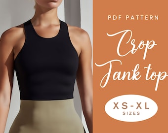 May include: PDF sewing pattern for a black crop tank top. The pattern includes sizes XS-XL.