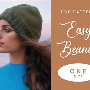 May include: A PDF pattern for an easy beanie, one size fits all. The pattern is shown on a brown background with white text. The text says "PDF Pattern Easy Beanie One Size".
