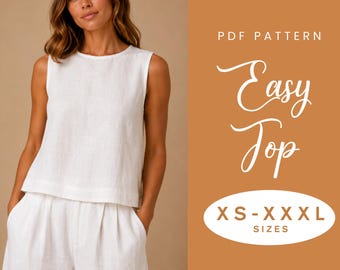 Puede incluir: Una blusa blanca sin mangas con cuello redondo y dobladillo recto. El texto a la derecha dice PDF PATTERN Easy Top y XS-XXXL SIZES. La prenda se muestra en una tela blanca lisa con una textura visible, combinada con pantalones cortos blancos.