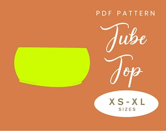 May include: A neon green tube top design on an orange background. The words "PDF PATTERN" are at the top, with "Tube Top" in cursive script. Below, an oval reads "XS-XL SIZES".